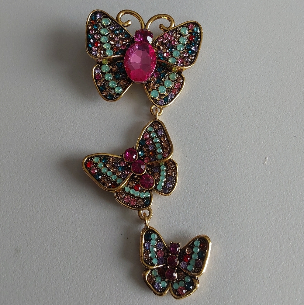 Gold Tone Triple Butterfly Brooch with Multicolor Crystals - Picture 5 of 5